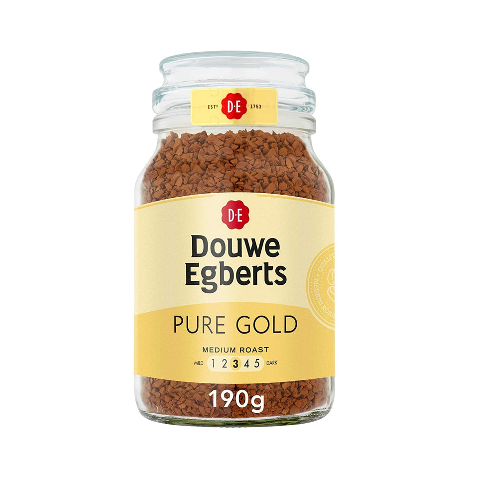 Douwe Egberts Pure Gold instant coffee jar for everyday enjoyment.