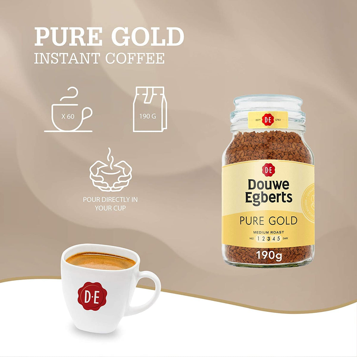 Pour Douwe Egberts Pure Gold into a mug for smooth instant coffee.