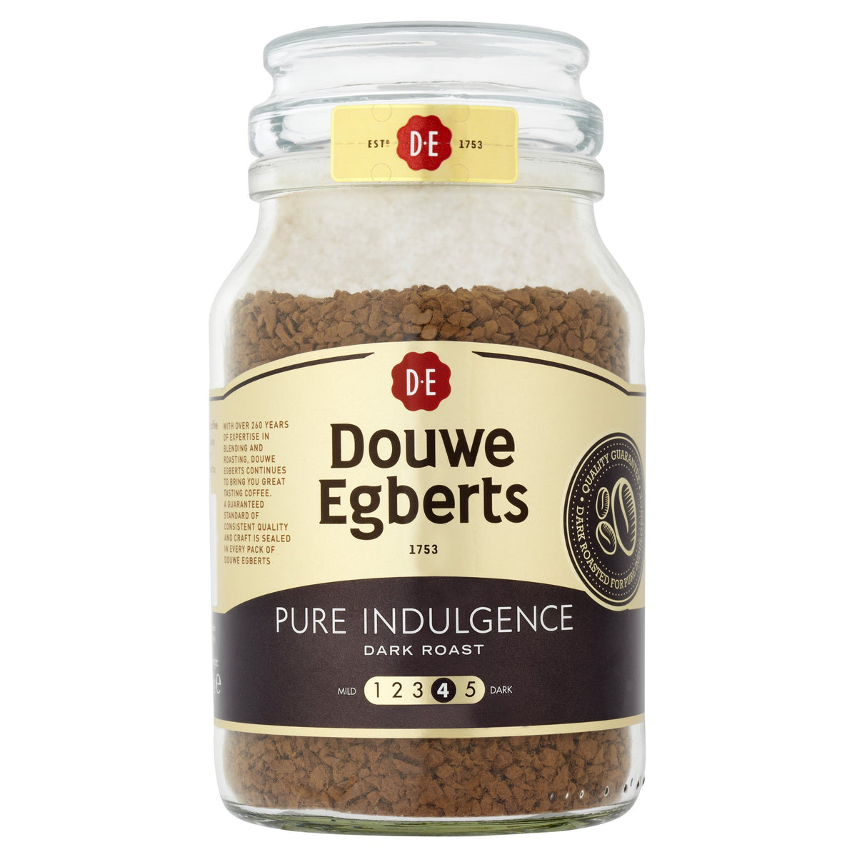 Douwe Egberts Pure Indulgence instant coffee in a glass jar for rich, velvety flavor