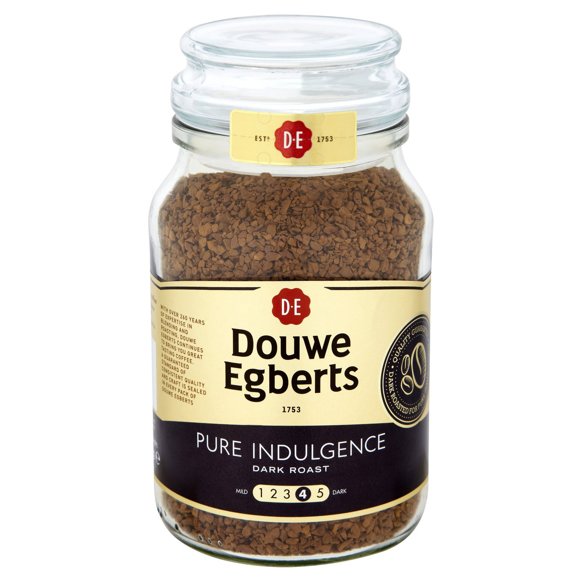 Close-up of Douwe Egberts Pure Indulgence jar showing premium freeze-dried coffee crystals
