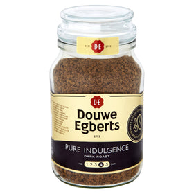 Close-up of Douwe Egberts Pure Indulgence jar showing premium freeze-dried coffee crystals