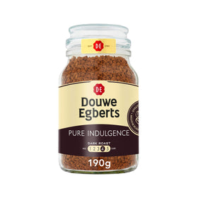Douwe Egberts Pure Indulgence jar front shows premium instant coffee for a rich, aromatic cup.