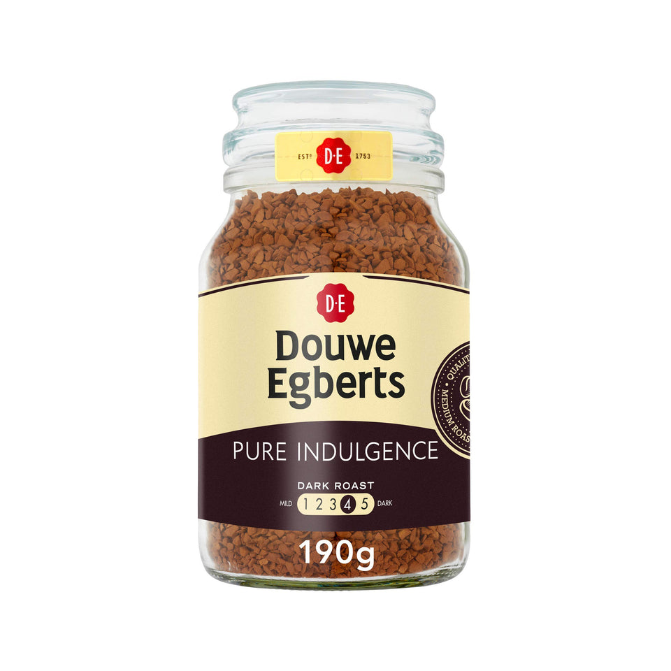 Douwe Egberts Pure Indulgence jar front shows premium instant coffee for a rich, aromatic cup.