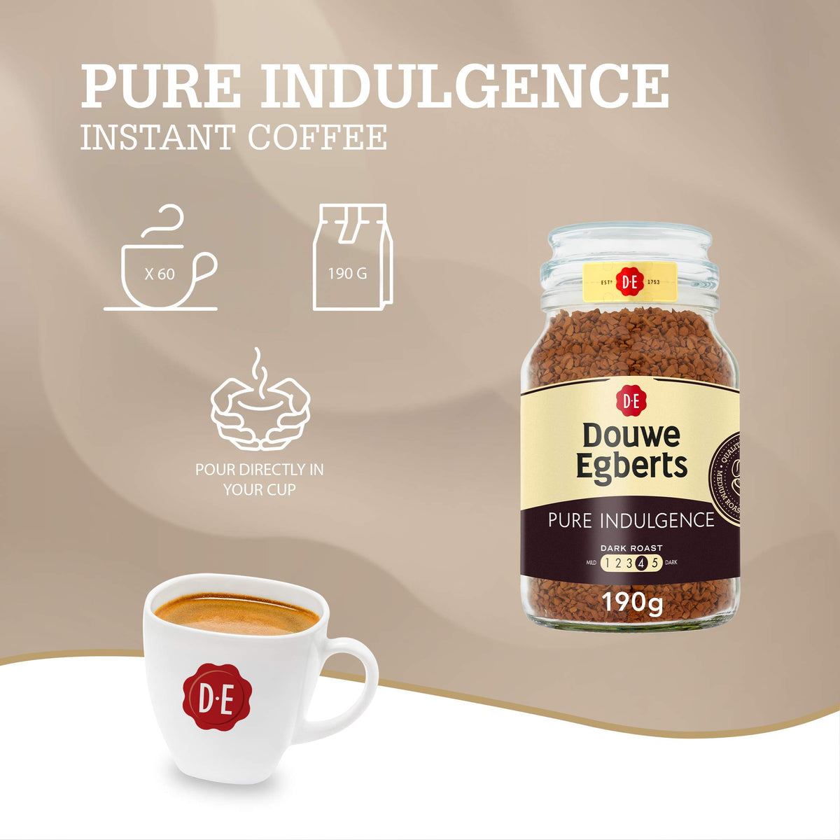 Douwe Egberts Pure Indulgence steaming cup suggests bold aroma and a satisfying cup.