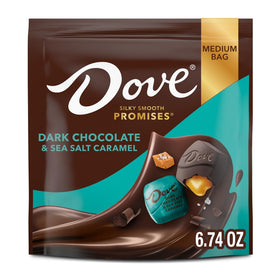 DOVE PROMISES sea salt caramel and dark chocolate foiled bags, perfect for gifting.
