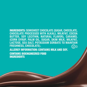 Sparkling sea salt crystals over caramel in a DOVE PROMISES treat close-up.