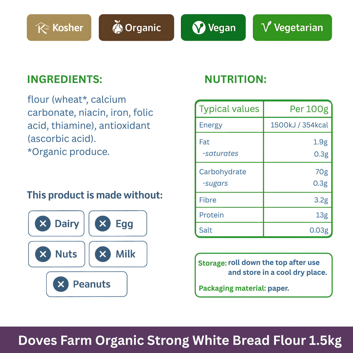 Doves Farm heritage British baking logo on packaging for trusted quality.