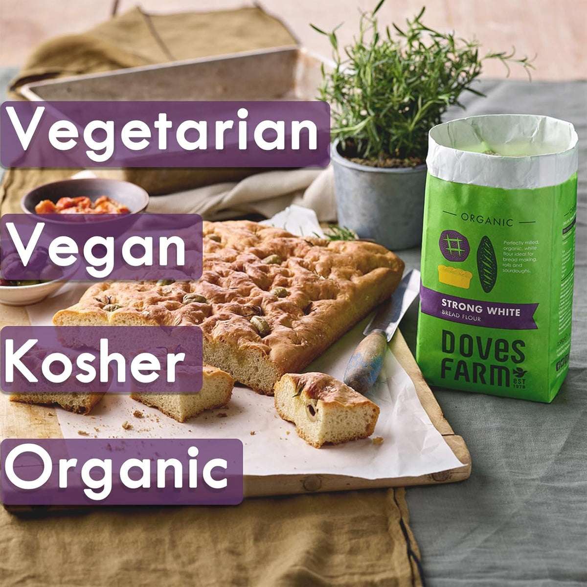 Doves Farm organic Kosher certification seal shown on packaging.