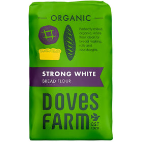 Doves Farm Organic Strong White Bread Flour bag on display for high-protein baking.