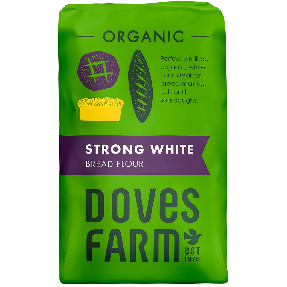 Doves Farm Organic Strong White Bread Flour bag on display for high-protein baking.