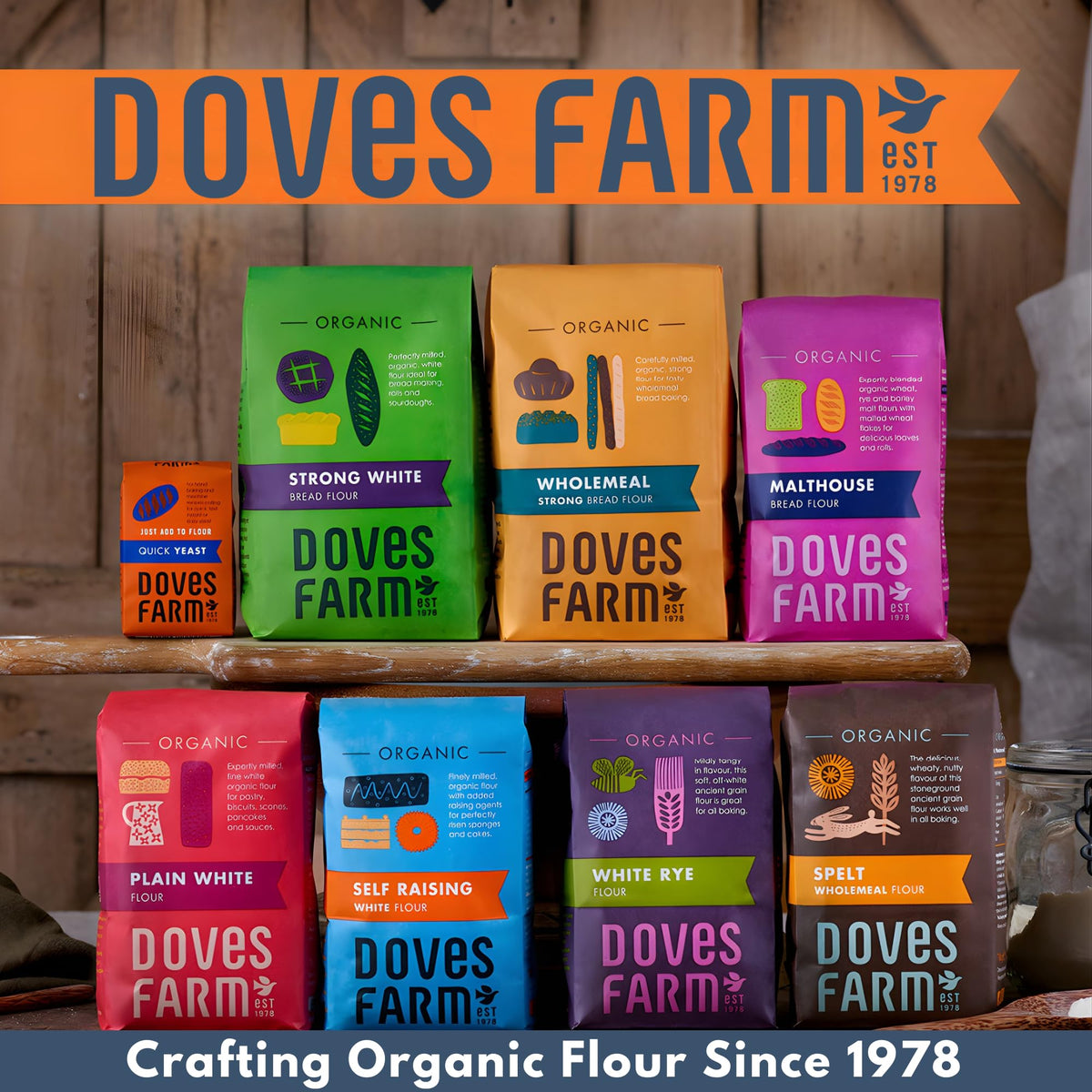 Authentic UK-import packaging of Doves Farm bread flour.