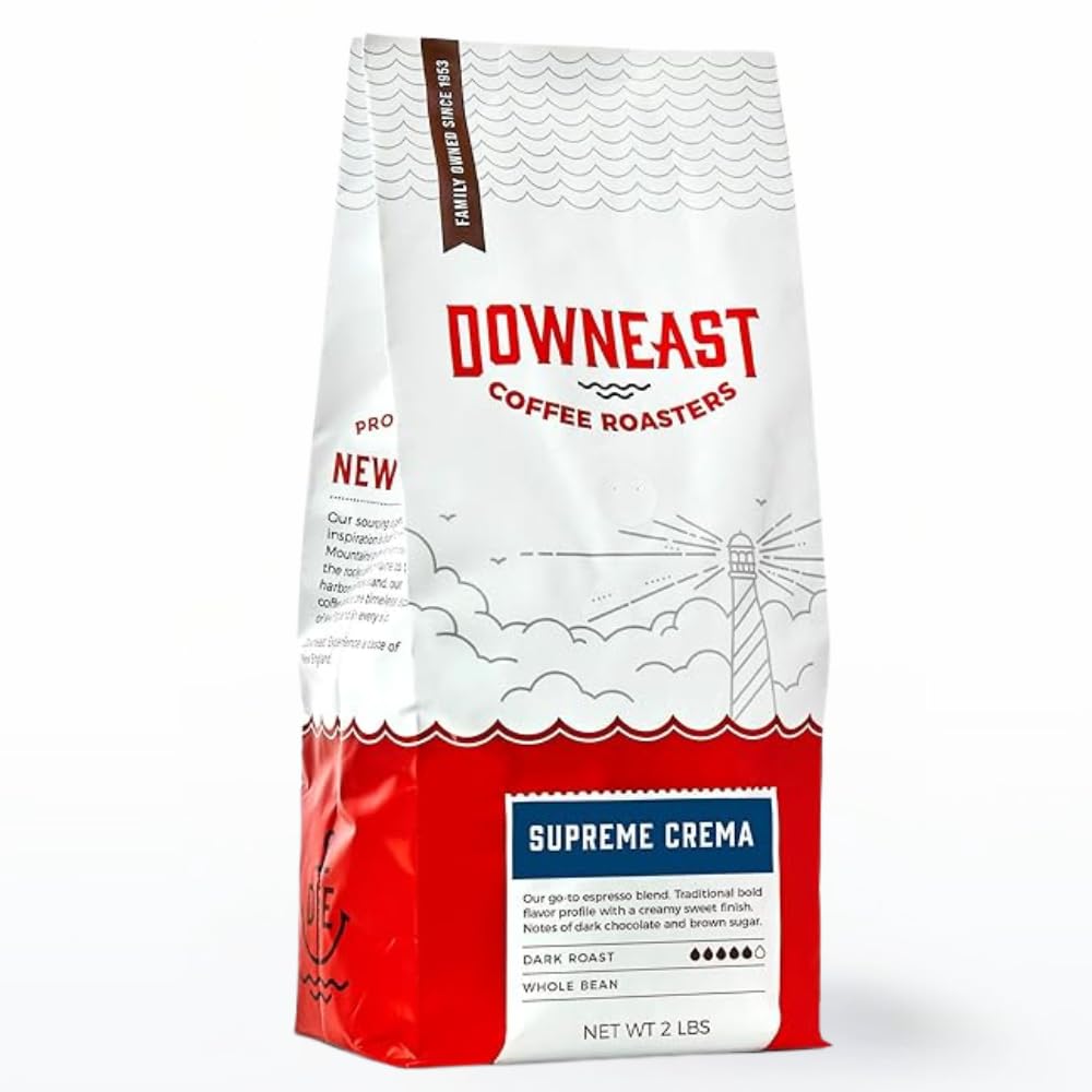 Downeast Supreme Crema Espresso bag front showcases premium roast for rich at home espresso