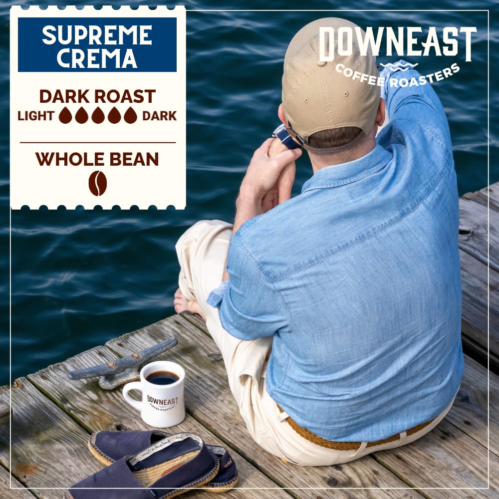 Downeast Supreme Crema Espresso bag label emphasizes freshness and origin for confident brews