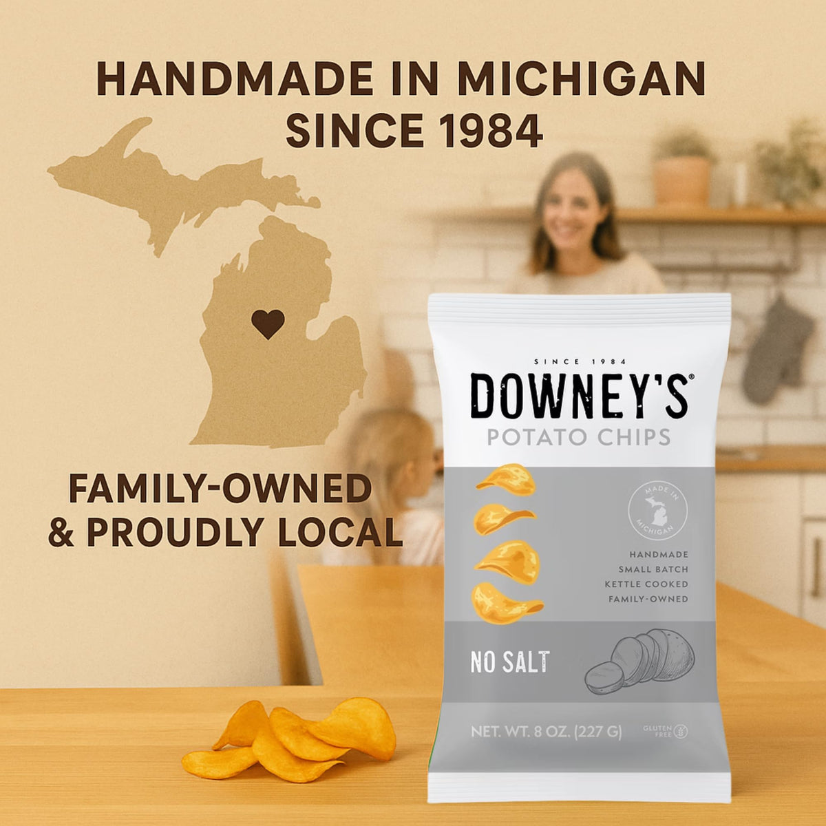 Downey's No Salt chips on a plate—versatile low-sodium option.