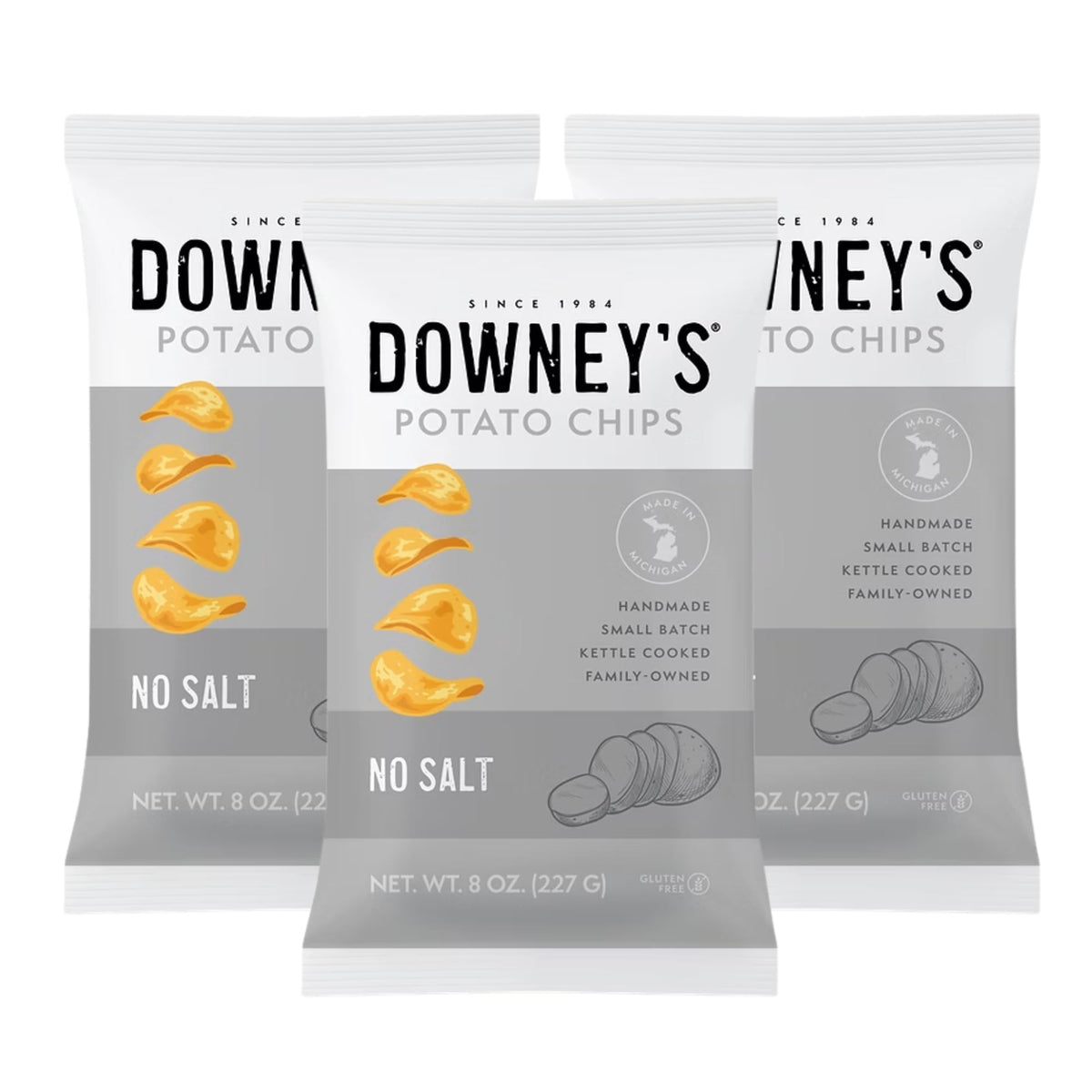 Downey's No Salt kettle chips—handcrafted crunch perfect for a light snack.