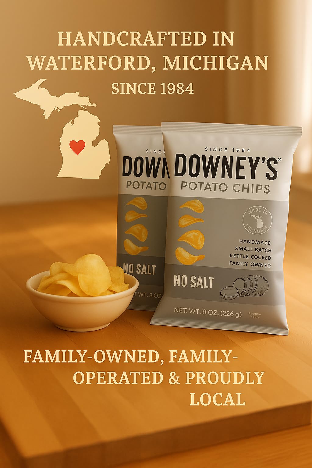 Downey's potato chips from Waterford, Michigan—small-batch texture for fresh flavor.