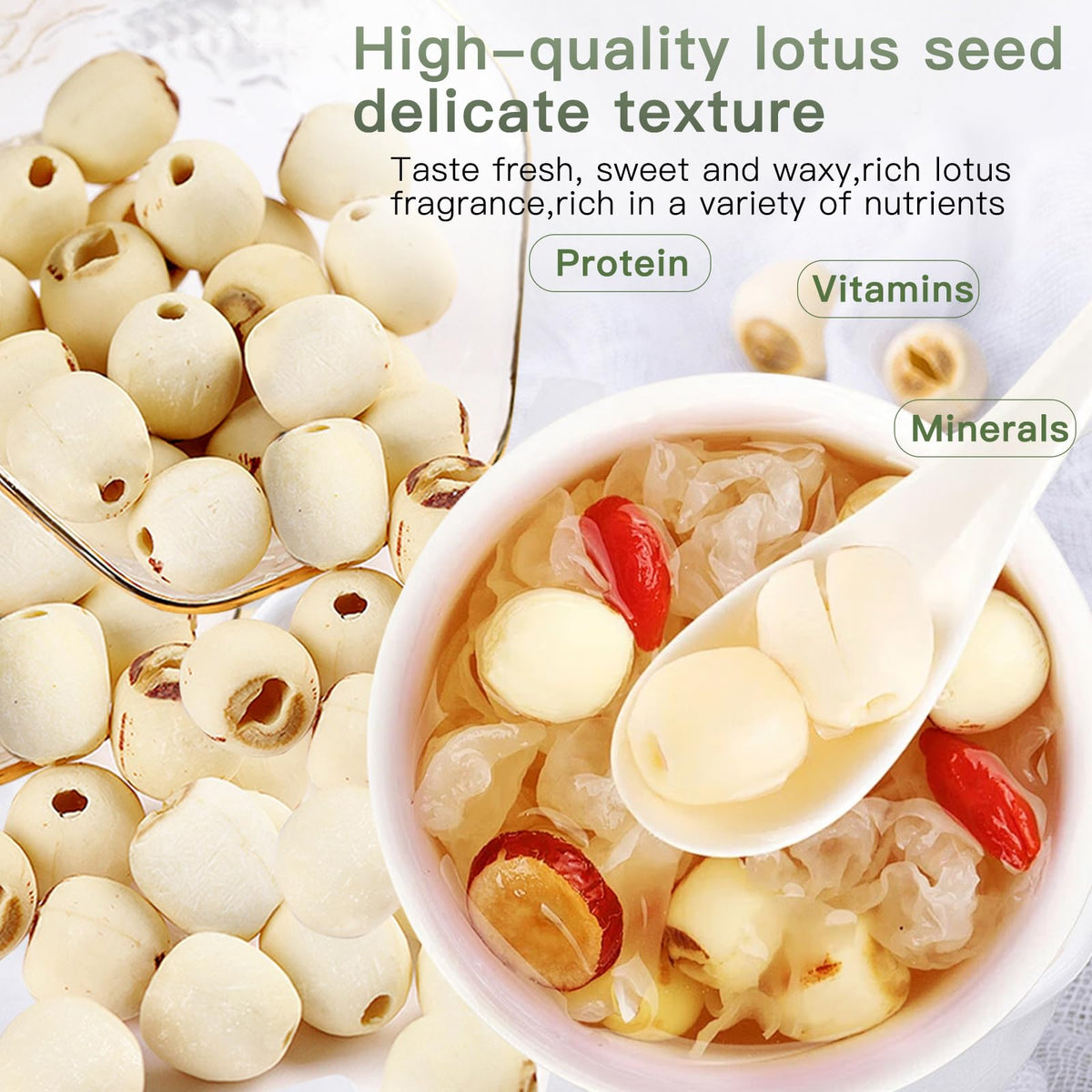 DOZO lotus seeds in a bowl showing soft, chewy texture