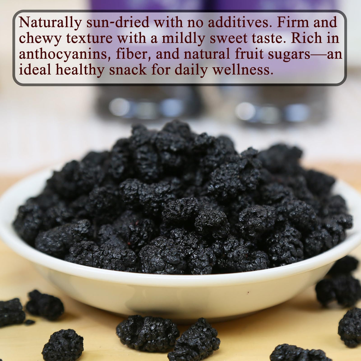 DOZO mulberries packaging inside shot; ready-to-eat, no sulfur or sugar added.