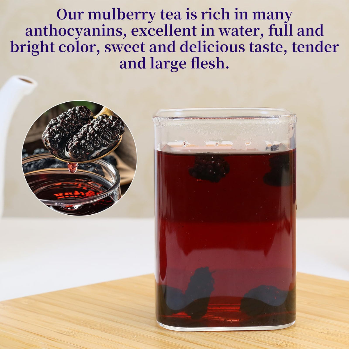 DOZO dried mulberries tea brew; firm texture releases a rich aroma when steeped hot.