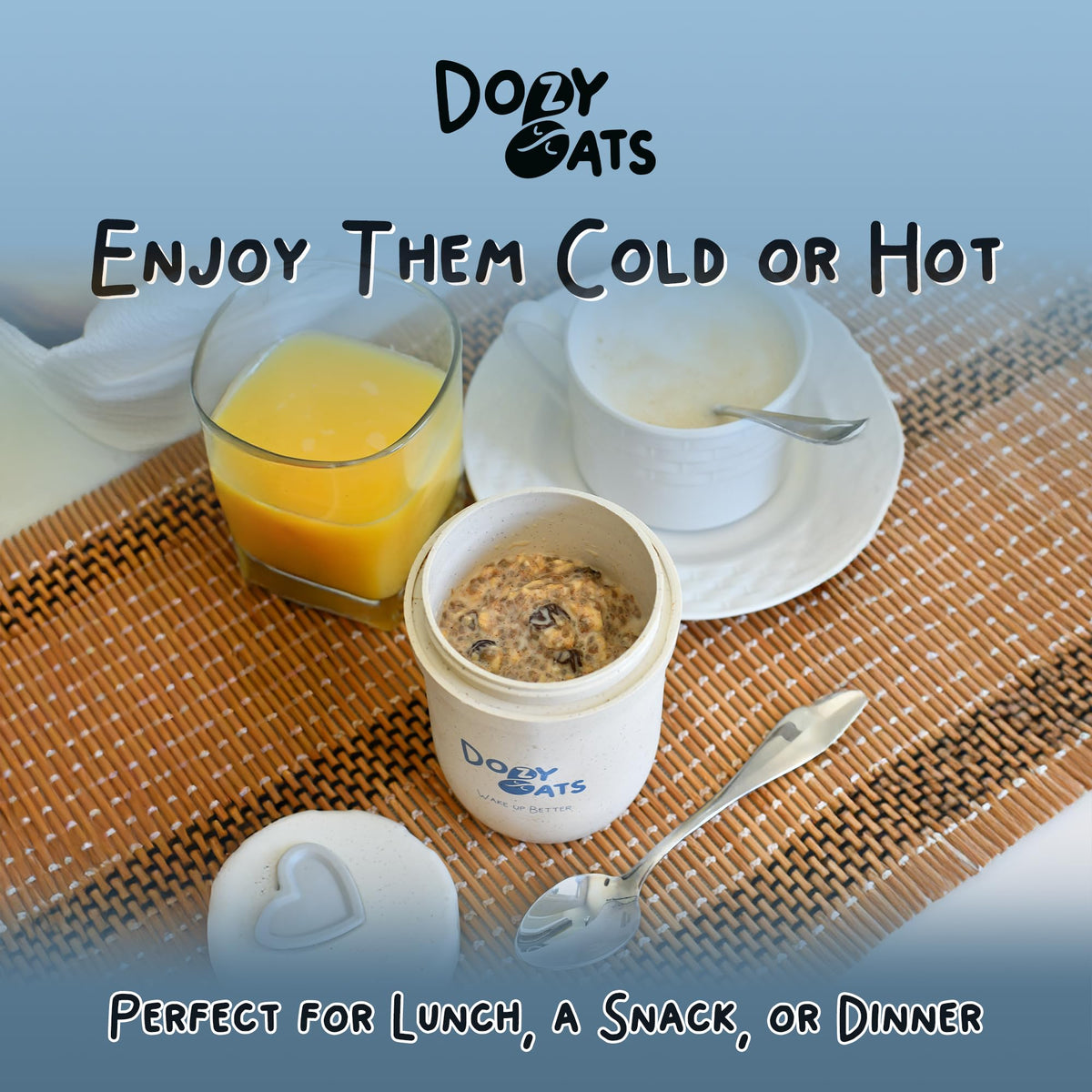 Dozy Oats microwave-ready jar demonstrating quick warm oats on busy mornings