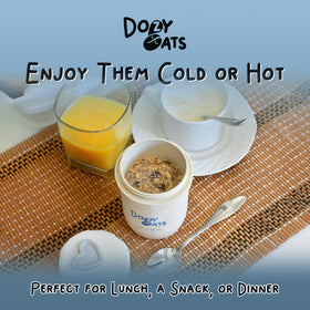 Dozy Oats microwave-ready jar demonstrating quick warm oats on busy mornings