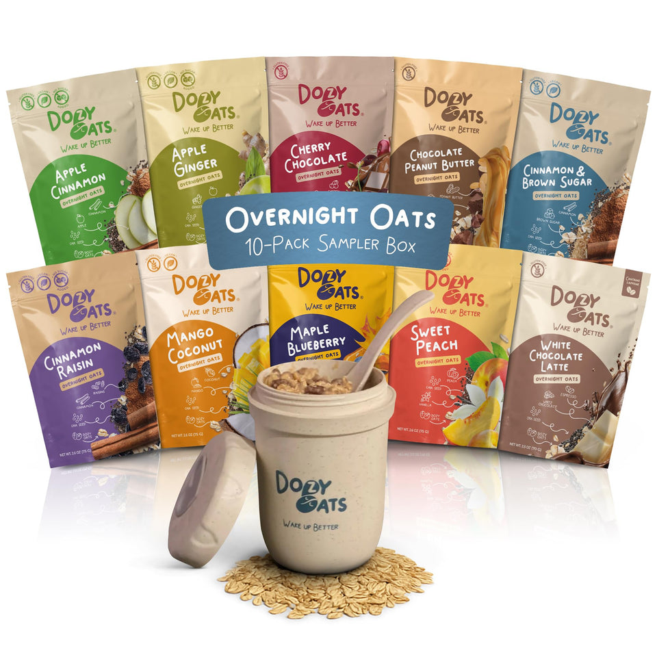 Dozy Oats sampler jar showing ready-to-eat overnight oats and convenience for busy mornings