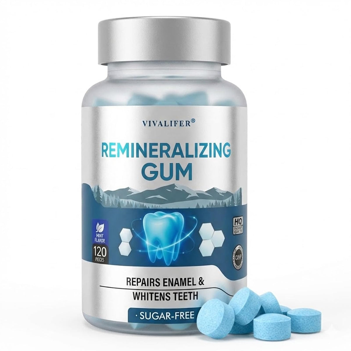 DQQI Remineralizing gum bottle front showing enamel-supporting formula for daily use.