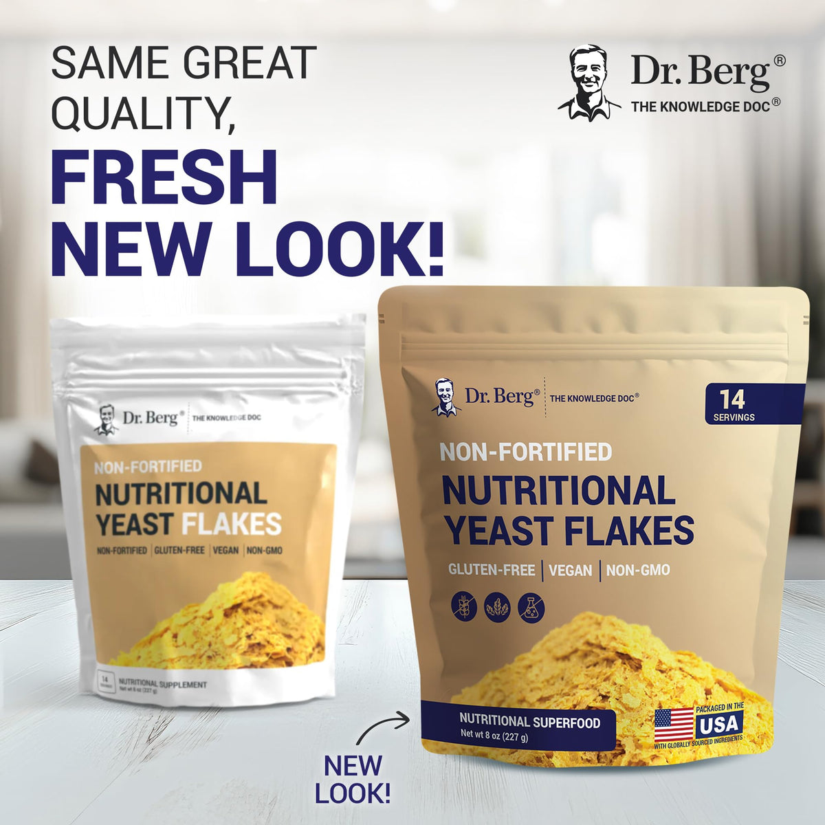 Dr. Berg Premium Nutritional Yeast Flakes 8oz packaging on a kitchen shelf for everyday use