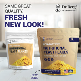 Dr. Berg Premium Nutritional Yeast Flakes 8oz packaging on a kitchen shelf for everyday use