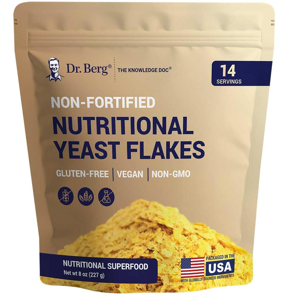 Dr. Berg Premium Nutritional Yeast Flakes bottle close-up adds savory, non-fortified B vitamins to meals