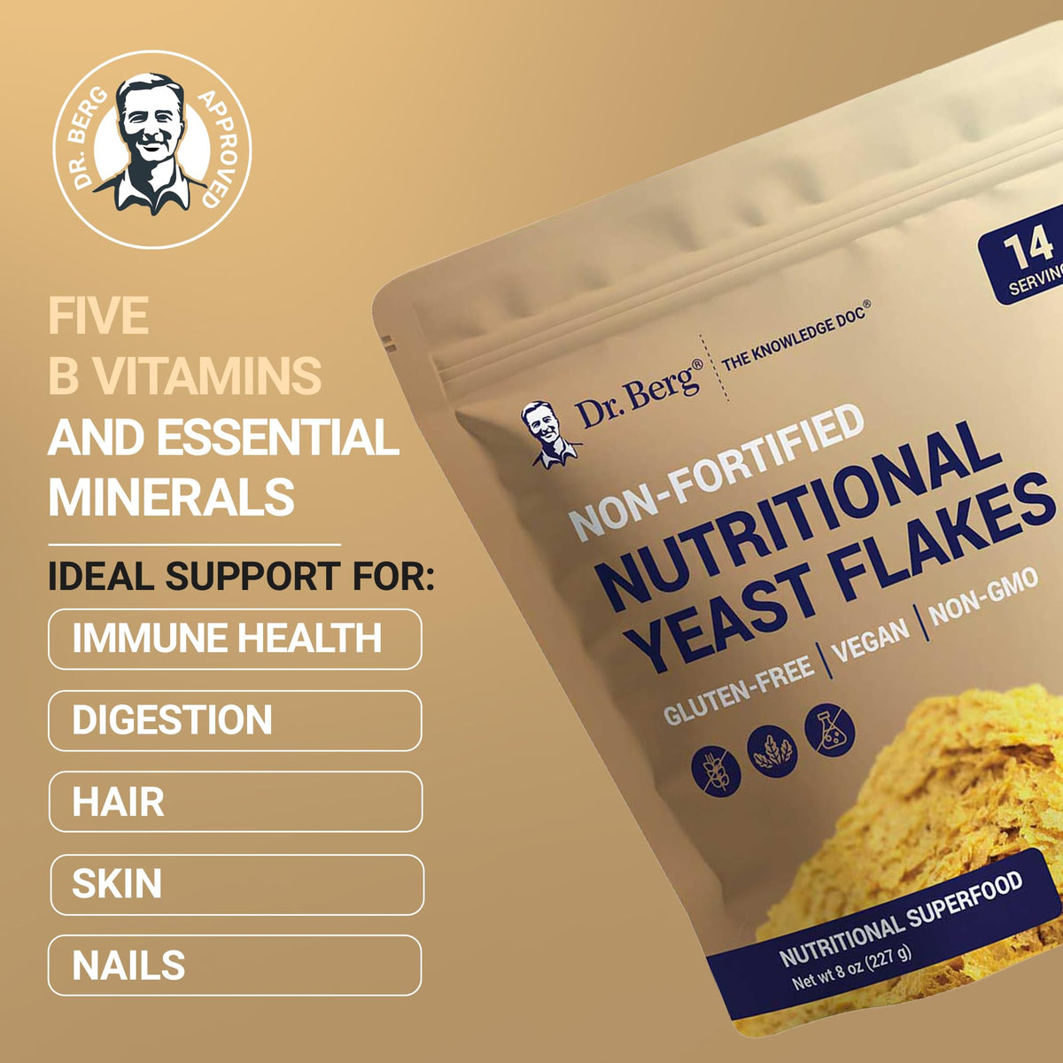 Dr. Berg Premium Nutritional Yeast Flakes shaker pouring onto a dish for cheesy flavor
