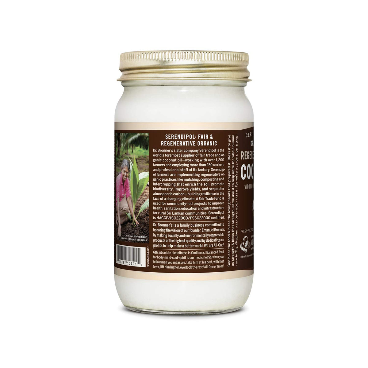 Dr. Bronner’s Organic Virgin Coconut Oil bottle closeup highlights purity and fresh-pressed quality.