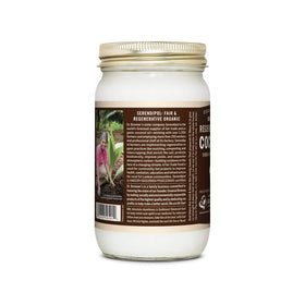 Dr. Bronner’s Organic Virgin Coconut Oil bottle closeup highlights purity and fresh-pressed quality.
