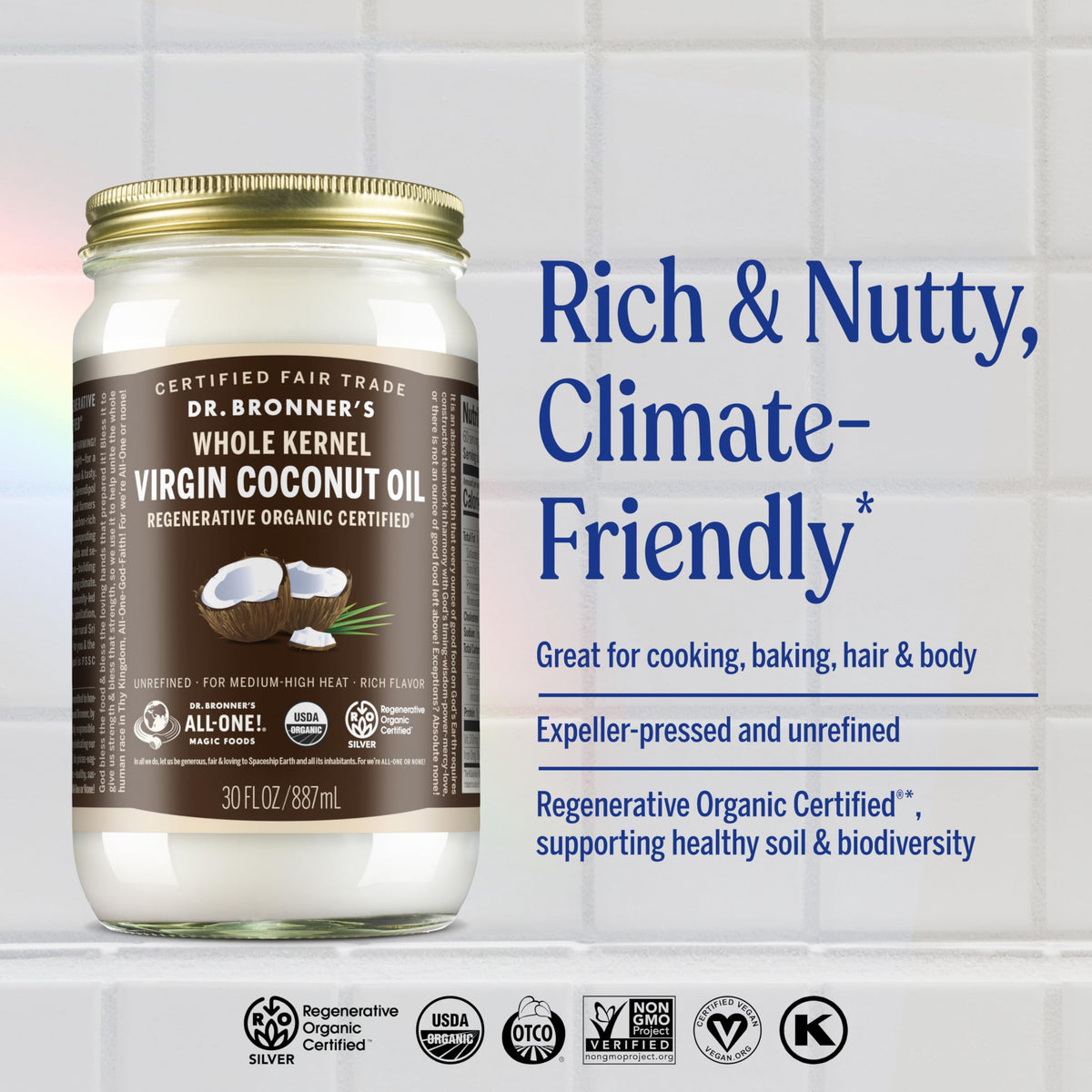 Dr. Bronner's coconut oil bottle pour showcases smooth texture for sautéing.