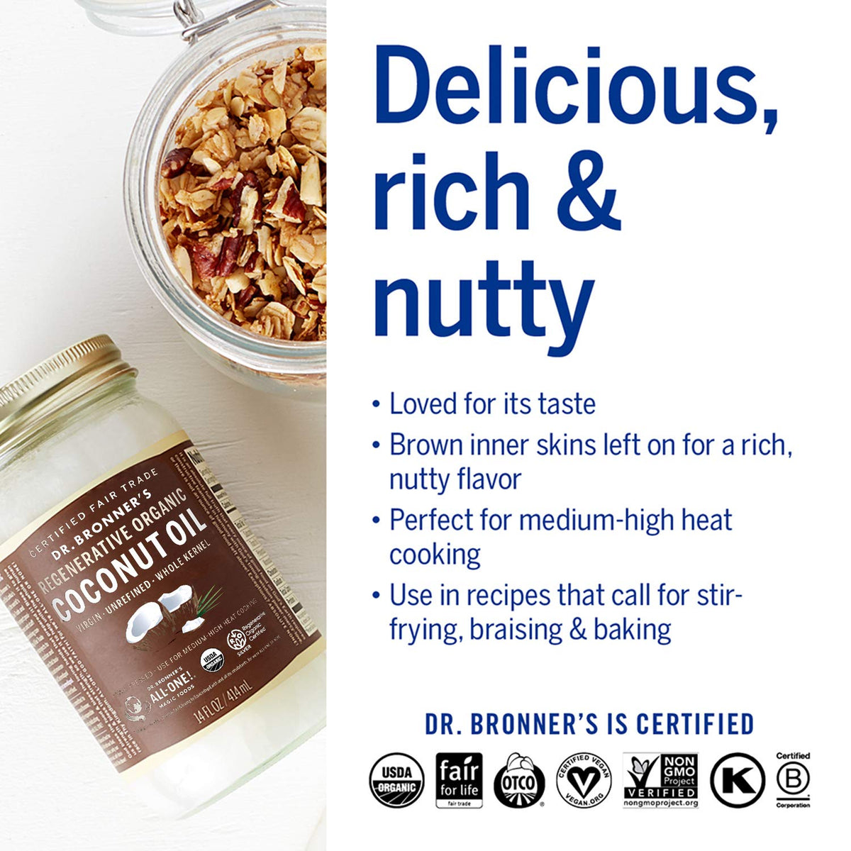 Dr. Bronner’s Organic Virgin Coconut Oil hair care application highlights hydration and shine.