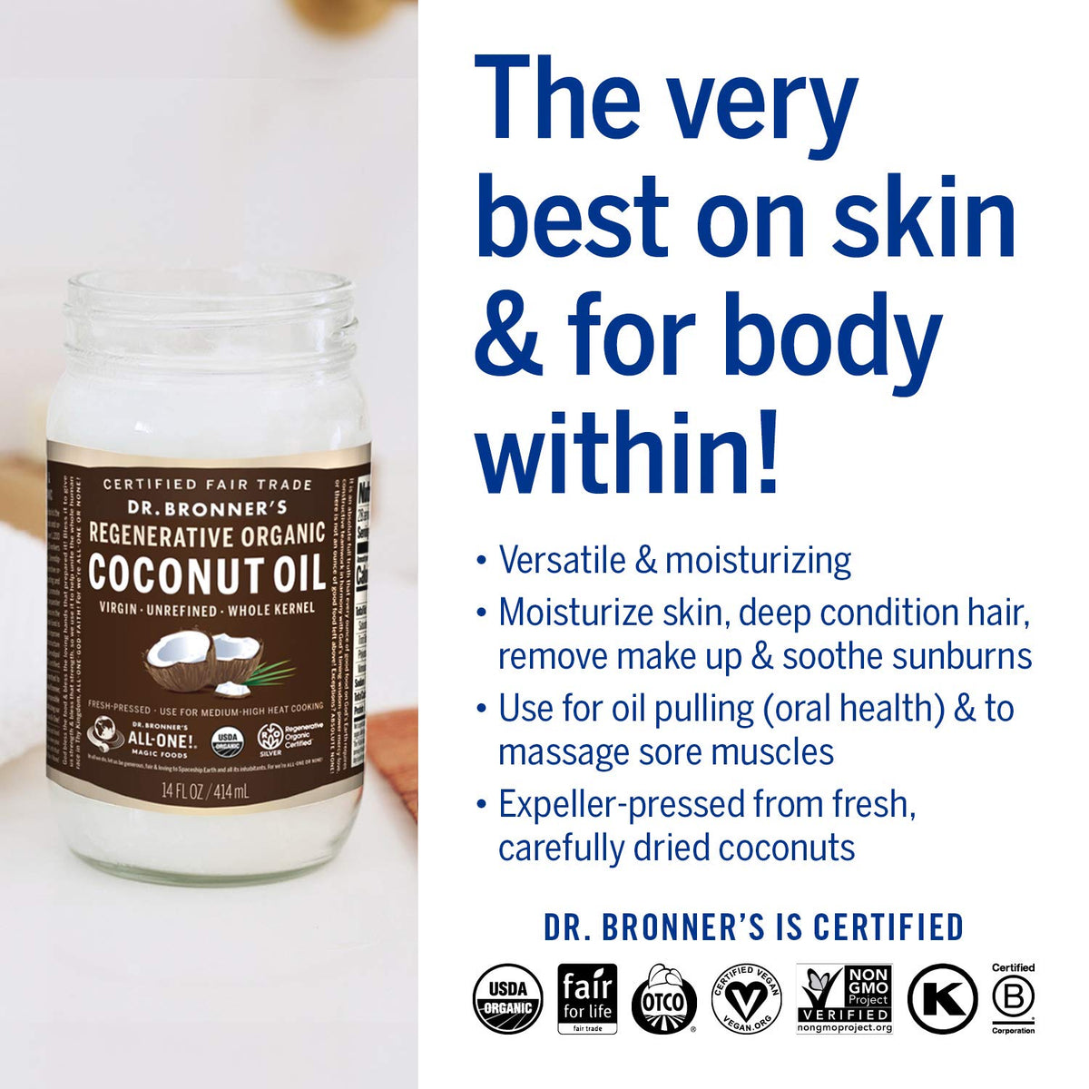 Dr. Bronner’s Organic Virgin Coconut Oil stir-fry image suggests healthy cooking options.
