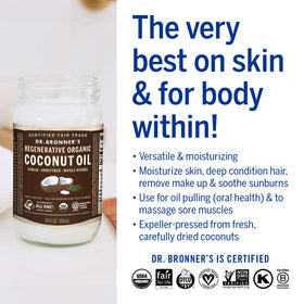Dr. Bronner’s Organic Virgin Coconut Oil stir-fry image suggests healthy cooking options.
