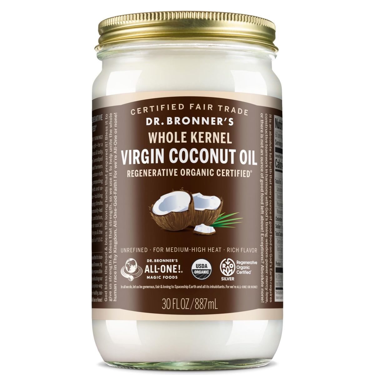 Dr. Bronner's Organic Virgin Coconut Oil bottle with whole kernels, ideal for cooking and body care.