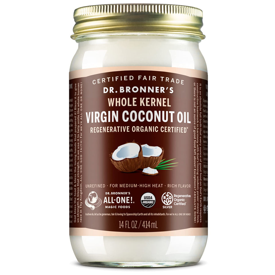 Dr. Bronner’s Organic Virgin Coconut Oil bottle pour demonstrates versatile cooking and hair care.