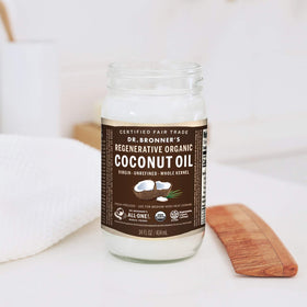 Dr. Bronner’s Organic Virgin Coconut Oil whole kernel coconut reveals natural texture and aroma.