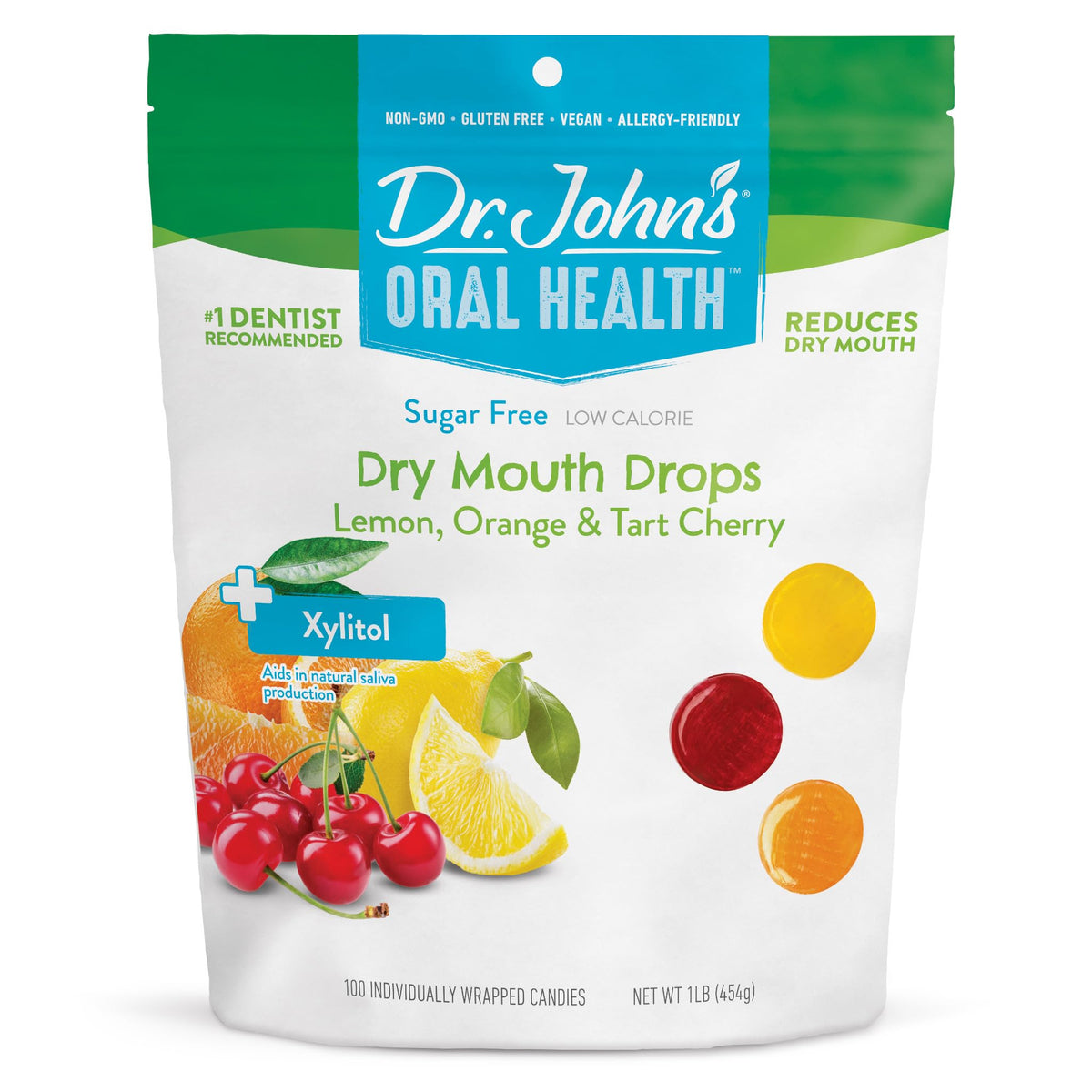 Dr. John's Candies Dry Mouth Drops lemon bottle shows refreshing flavor and dryness relief.