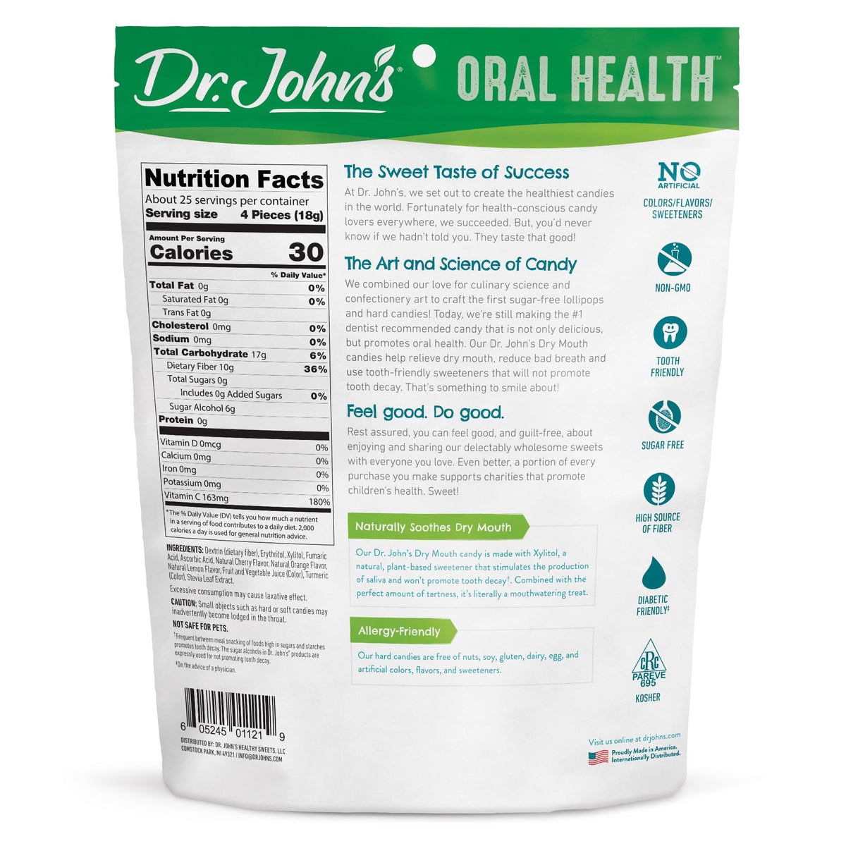 Dr. John's Candies Dry Mouth Drops orange bottle highlights zesty taste and saliva support.