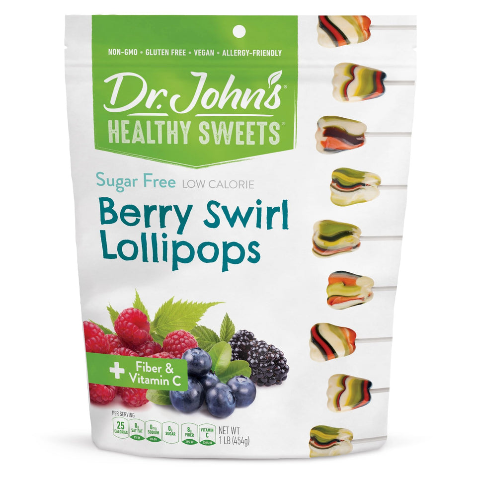 Dr. John's Healthy Sweets Berry Swirl Lollipops packaging highlights sugar-free berry flavor.