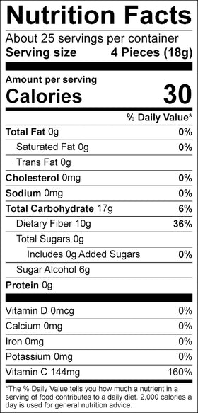 Dr. John's sugar-free candy nutrition highlighting 10 g fiber and vitamin C.