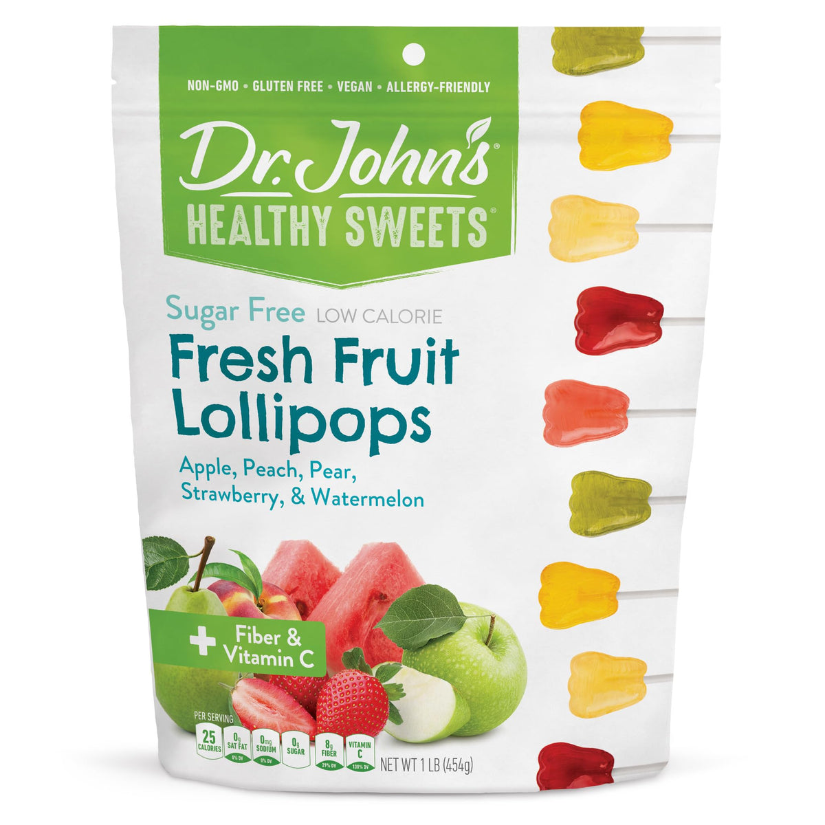 Dr. John's Healthy Sweets Fresh Fruit Lollipops bag showcases convenient resealable packaging for on-the-go snacking.
