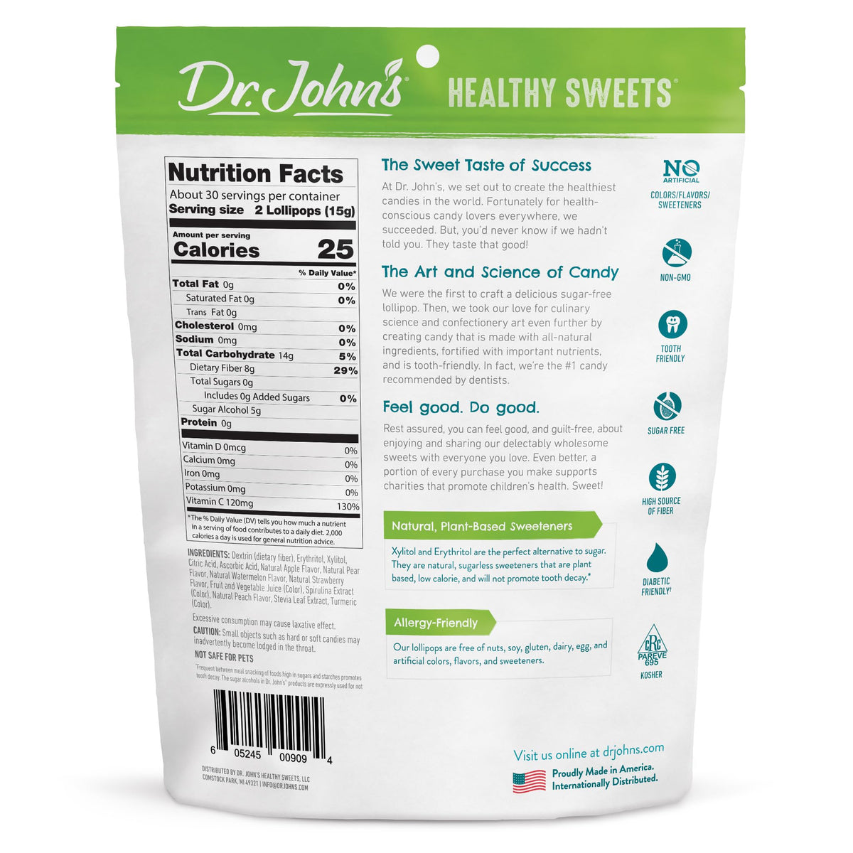 Dr. John's Healthy Sweets Fresh Fruit Lollipops assortment highlights sugar-free flavors for guilt-free indulgence.