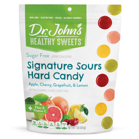 Dr. John's Healthy Sweets zero sugar packaging with resealable bag for easy snacking.