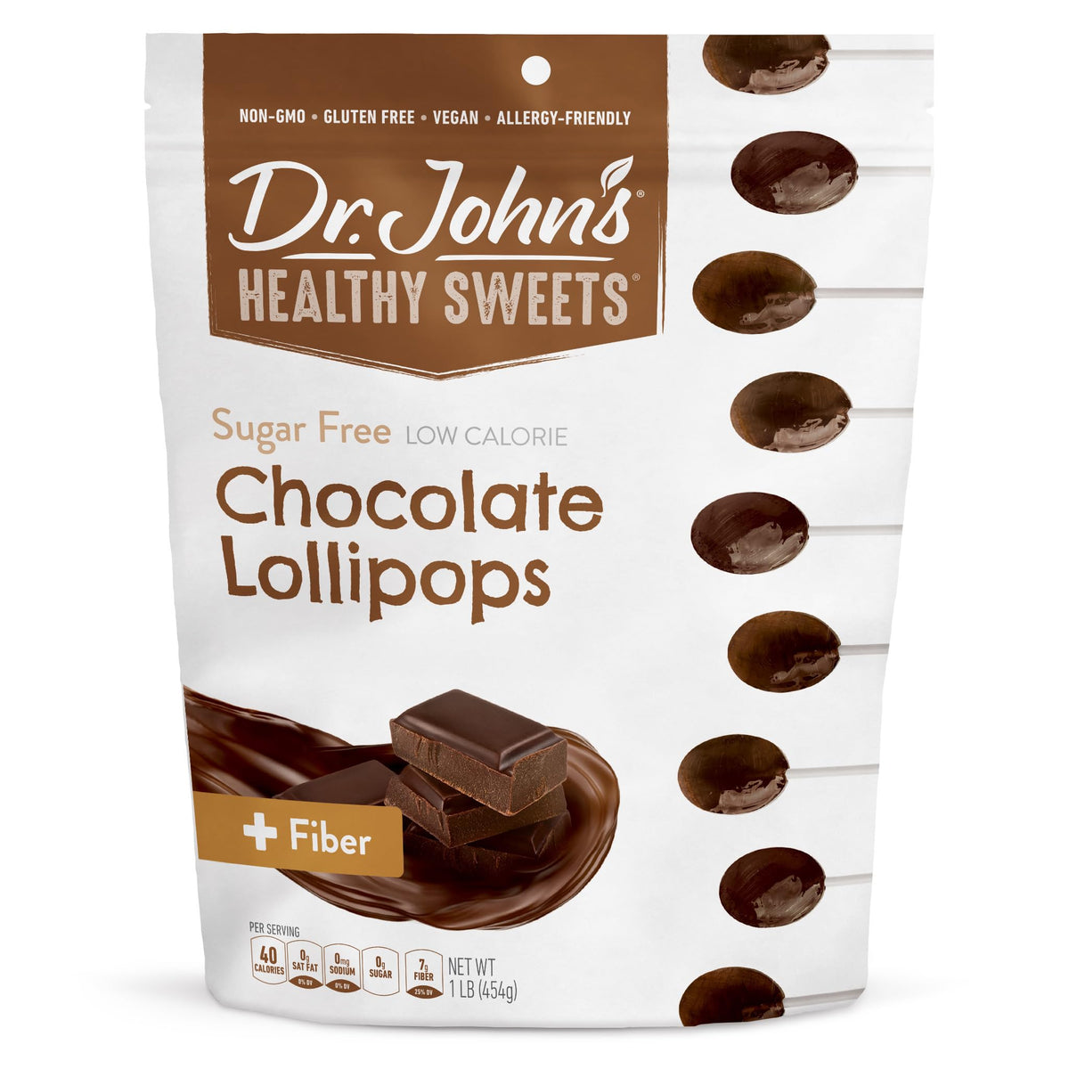 Dr. John's Oval Lollipops in resealable bag showing sugar-free and low calorie snack