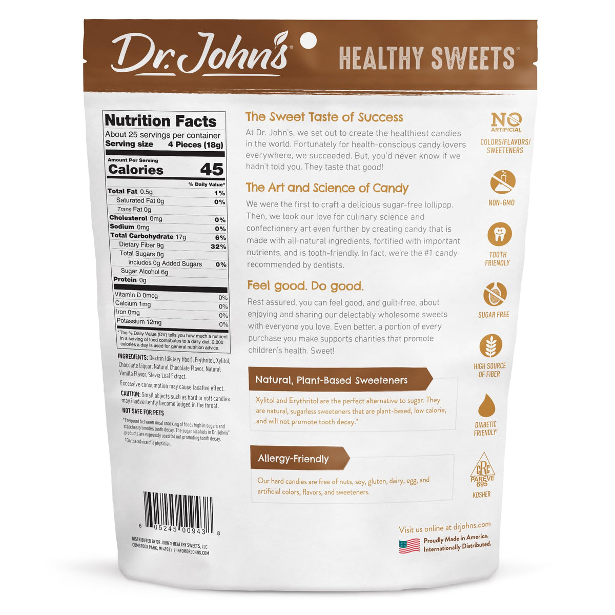 Close-up of Dr. John's Sugar Free Candy surface, showing glossy chocolate and cocoa notes