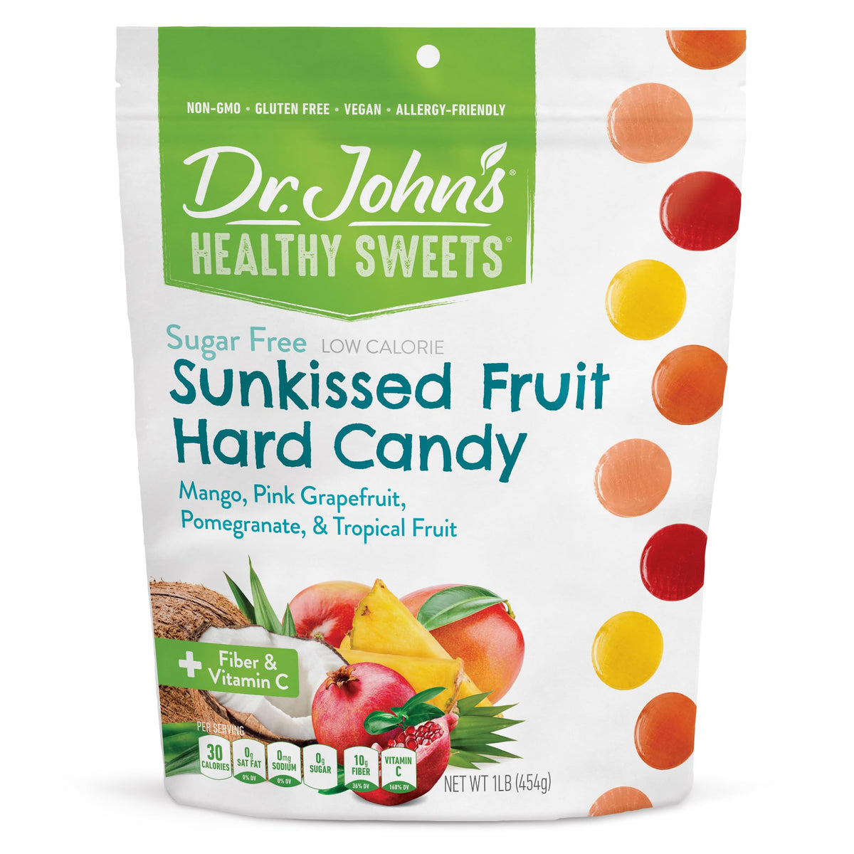 Dr. John's Sugar-Free Candy packshot highlights zero sugar and convenient packaging.